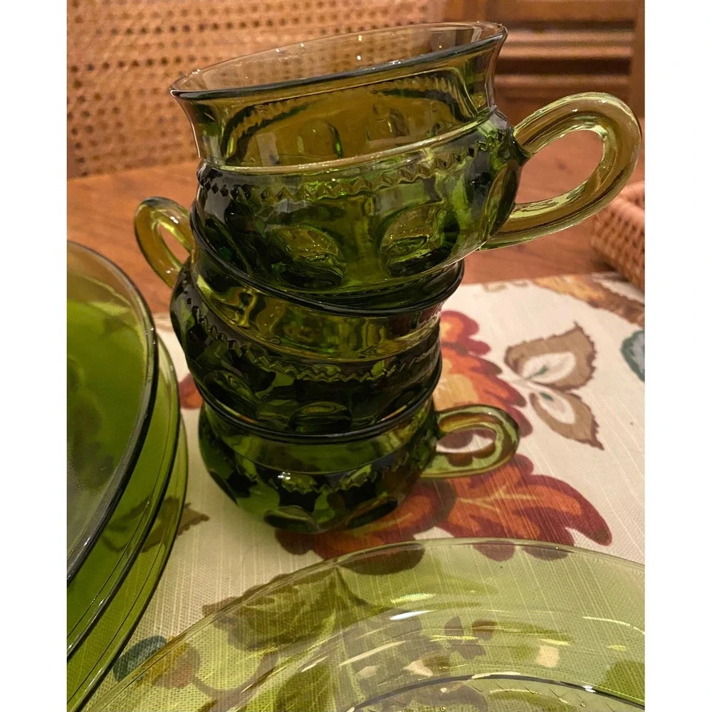 Set-of-2‎ Vintage Green Indiana Glass Kings Crown Thumbprint 8 1/2